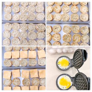 step by step pictures of making a group of breakfast sandwiches.