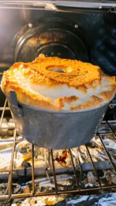 Baked Angel Food Cake in the oven.